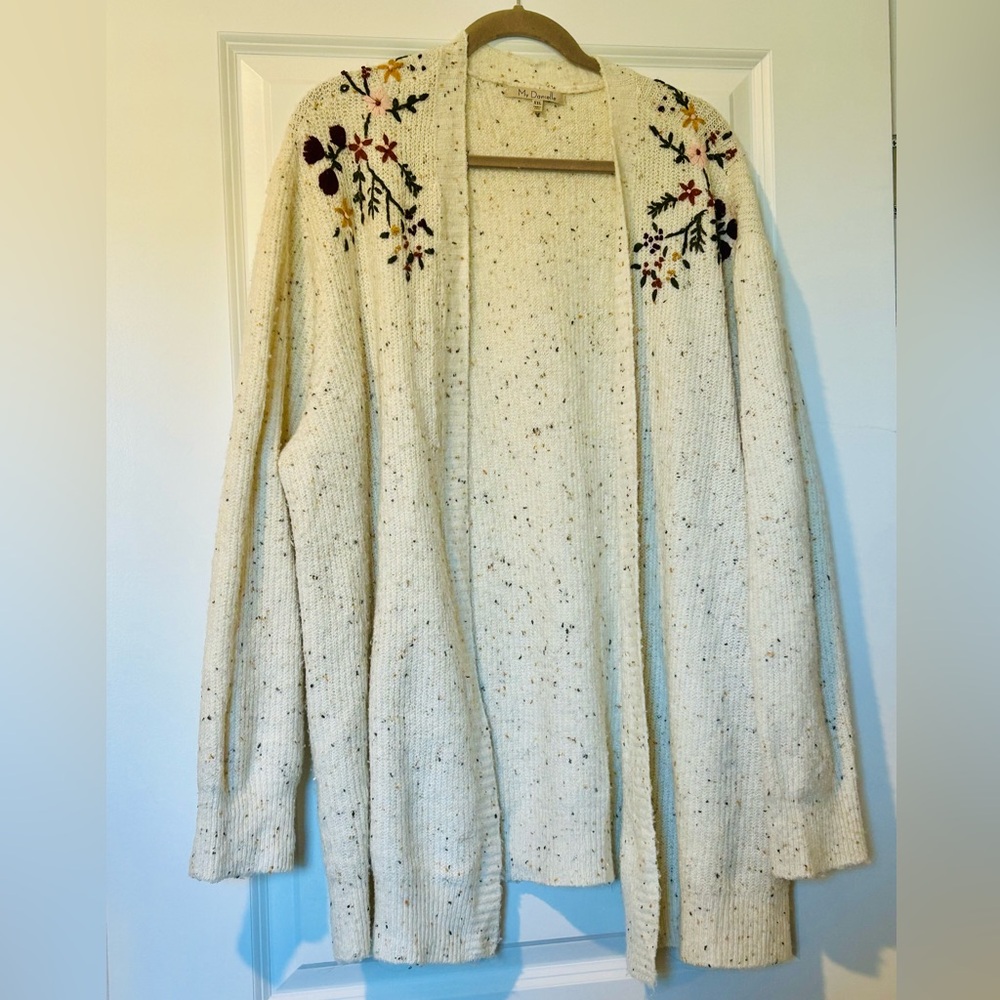 Cozy Cream Speckled Cardigan Sweater with Floral Embroidery